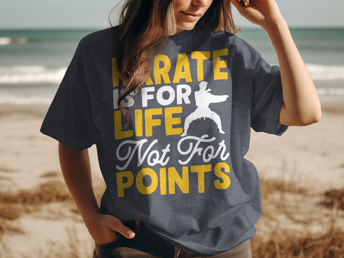 Dark t-shirt with white text "Karate is for life not for points" and a karate silhouette.