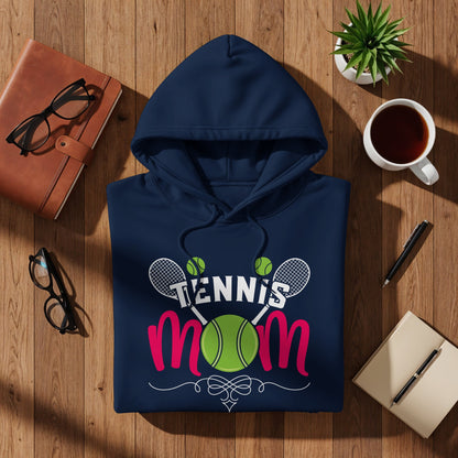 Navy hoodie with "Tennis Mom" text and tennis ball graphics.