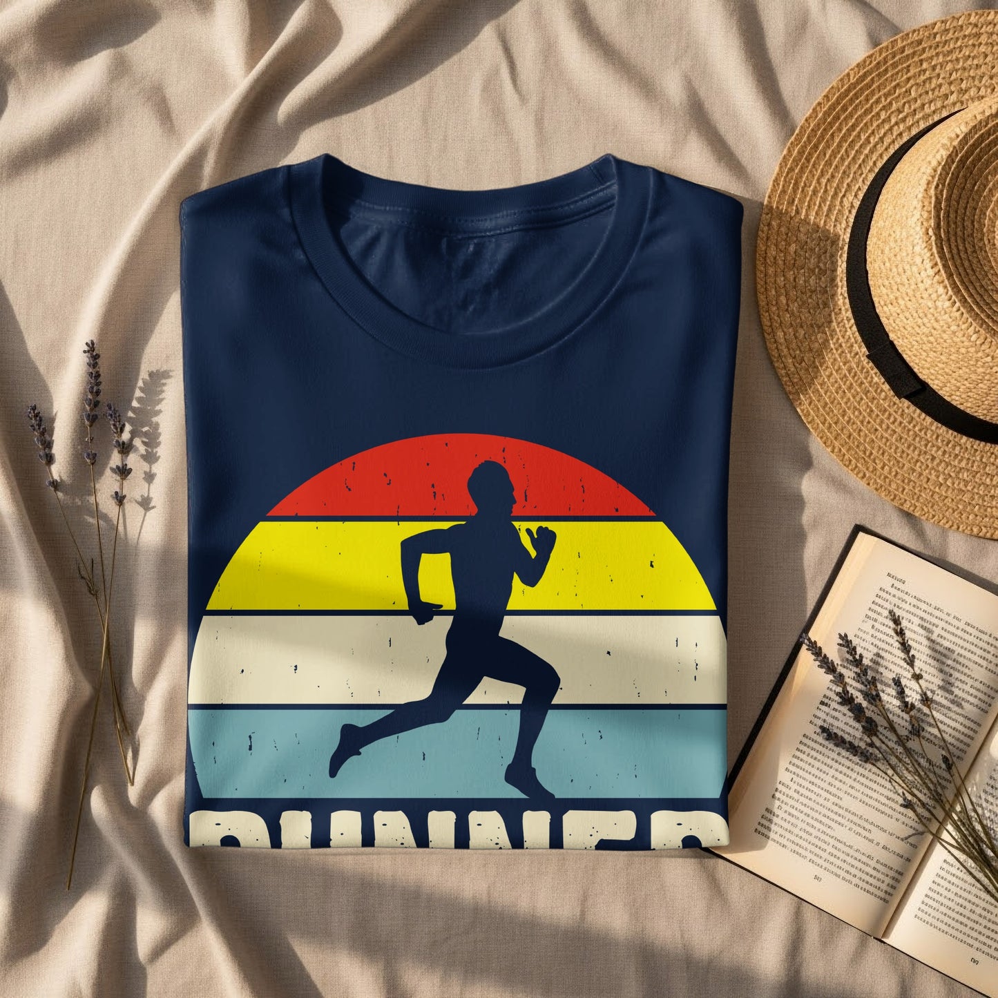 Navy t-shirt with runner silhouette against a sunset graphic and "RUNNER" text.
