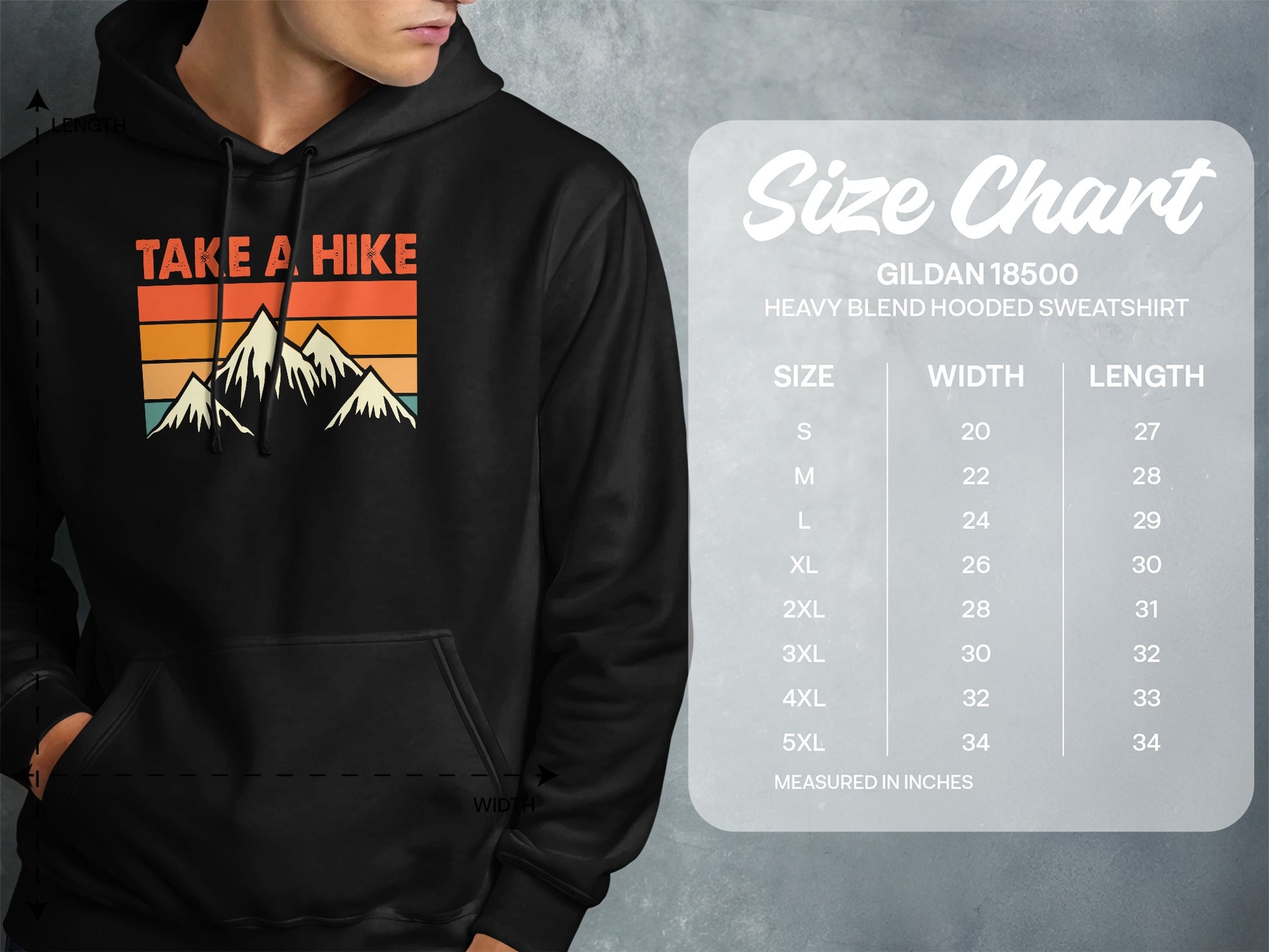 Hoodie with "Take A Hike" mountain graphic and size chart.