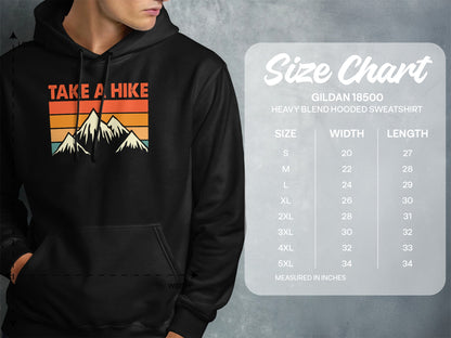 Hoodie with "Take A Hike" mountain graphic and size chart.