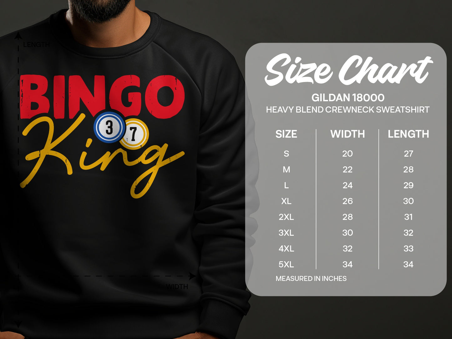Gildan 18000 sweatshirt size chart with "Bingo King" graphic.