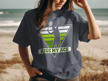 Dark gray t-shirt with tennis player graphic and text "KISS MY ACE".