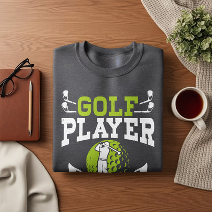 Gray sweatshirt with "GOLF PLAYER" text and golfer graphic.