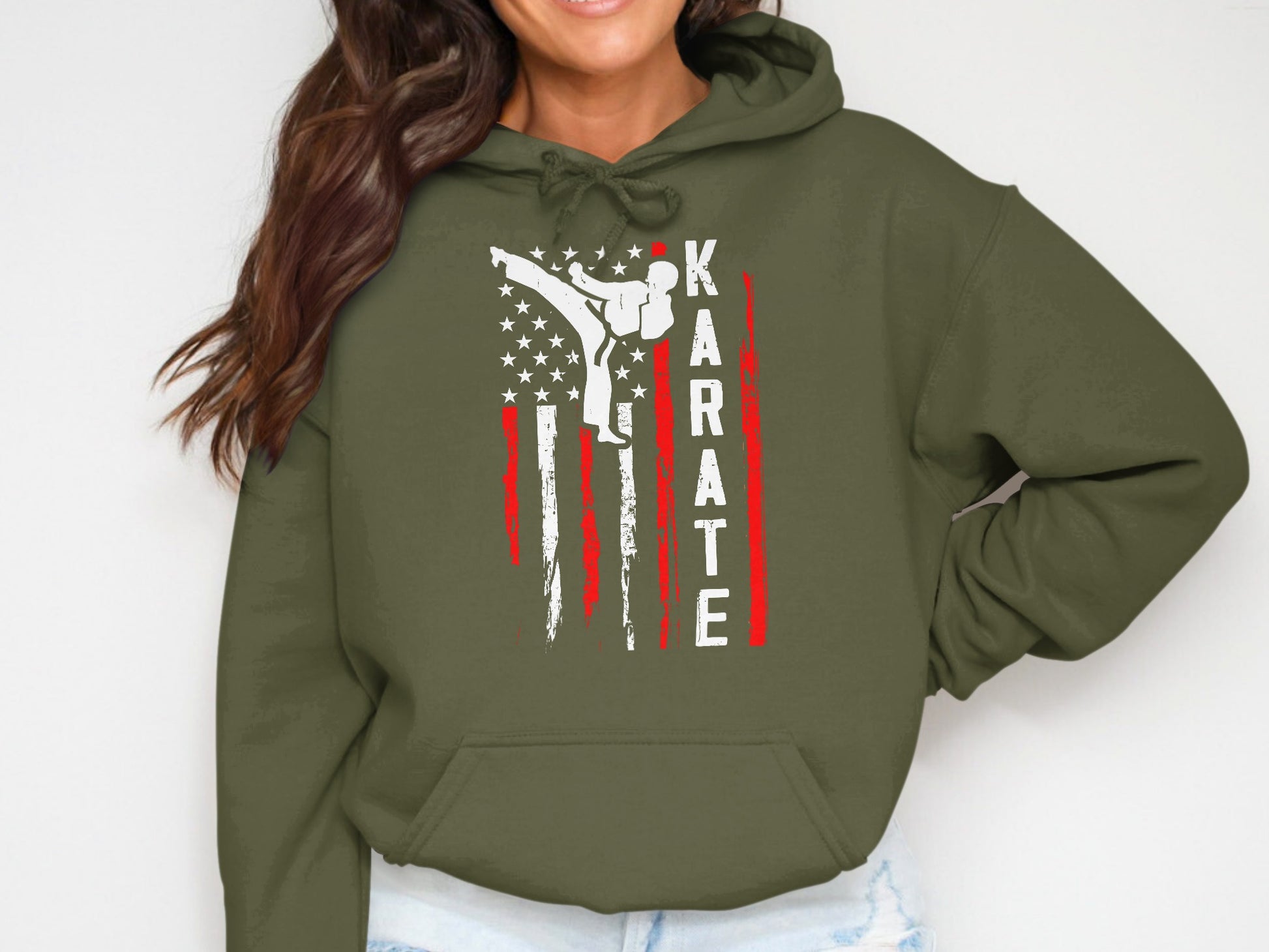 Green hoodie with distressed American flag and "KARATE" text.