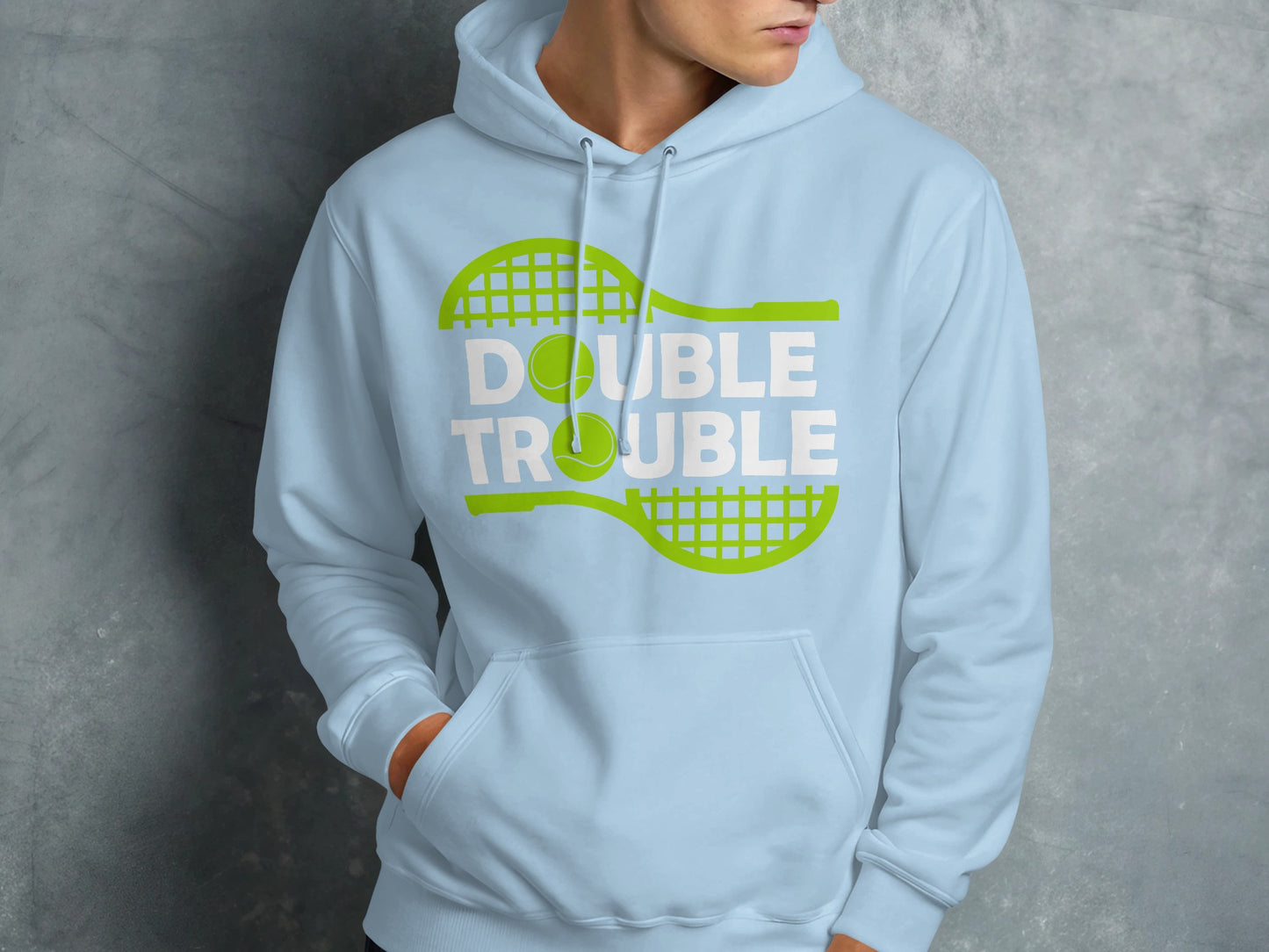 Light blue hoodie with "Double Trouble" text and tennis racket and ball graphic.