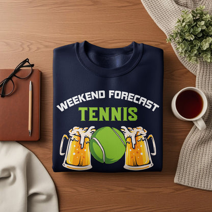Navy sweatshirt with "Weekend Forecast Tennis" and beer mugs, on a wooden surface.