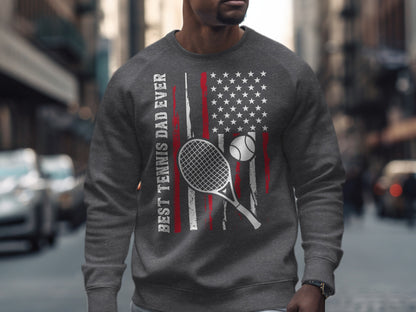 Grey sweatshirt with distressed American flag, tennis racket, and ball graphic.
