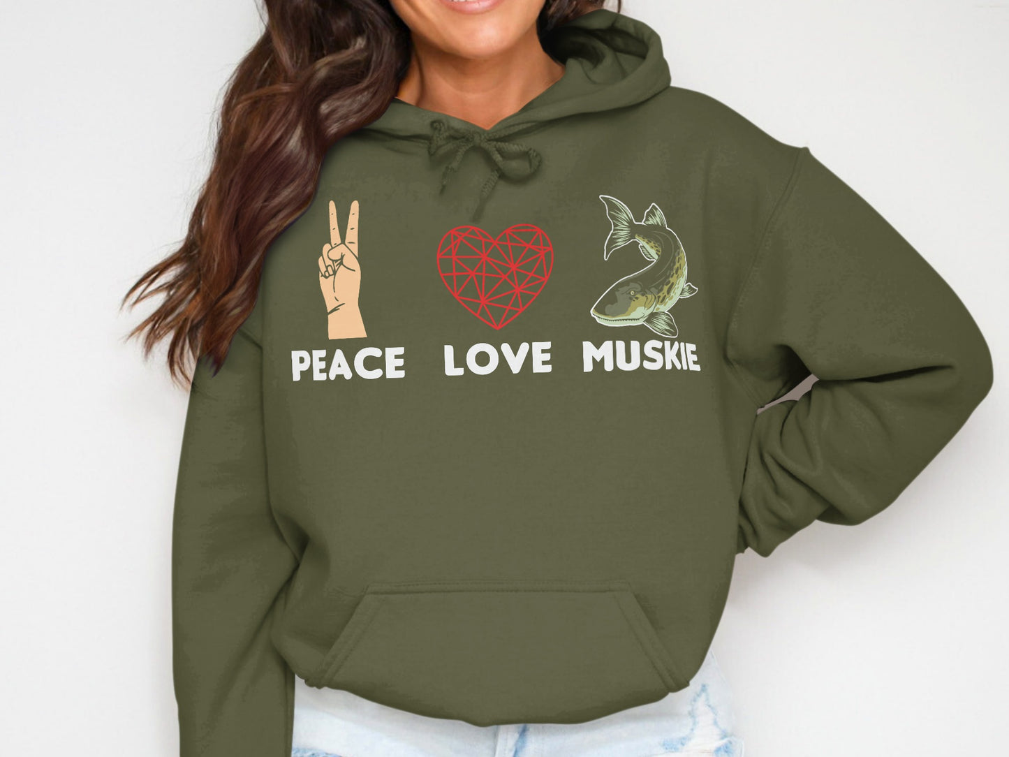 Olive green hoodie with "Peace Love Muskie" text and graphics.
