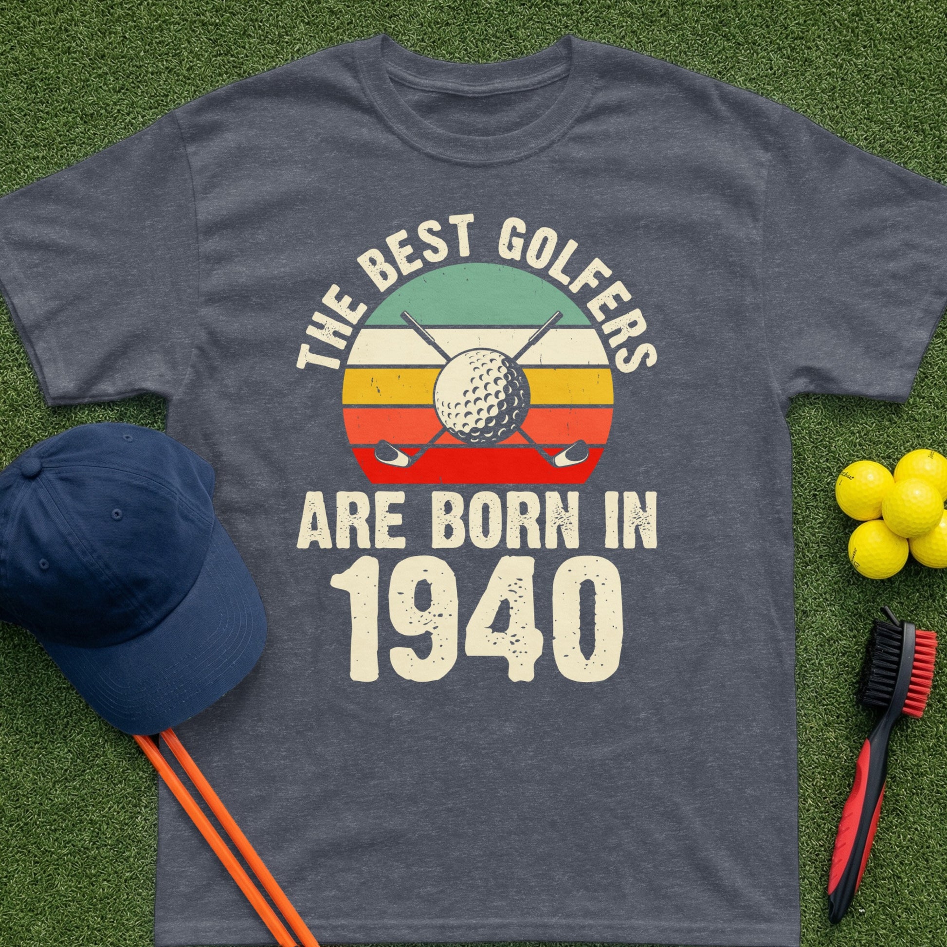 T-shirt with "The Best Golfers Are Born In 1940" text and golf imagery.