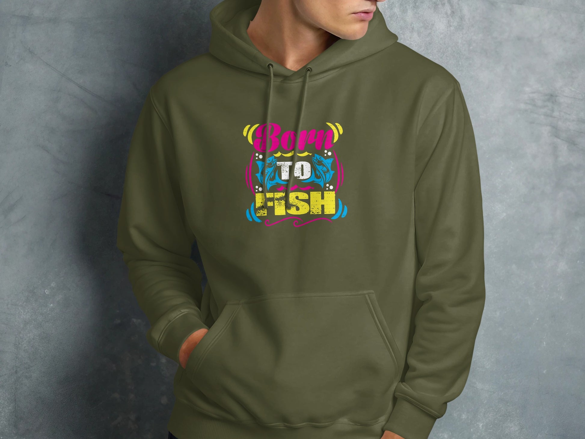 Green hoodie with "Born to Fish" text design in colorful lettering.