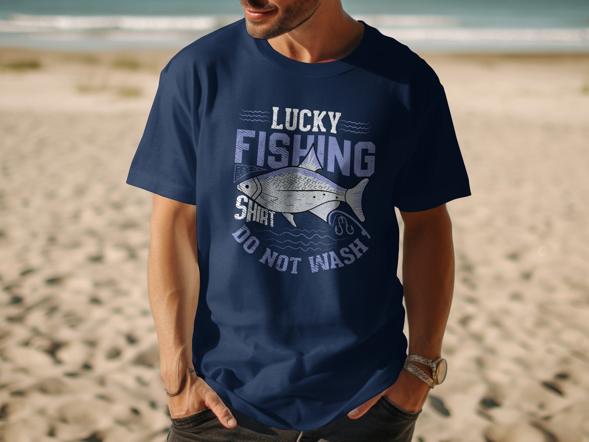 Navy t-shirt with "Lucky Fishing Shirt Do Not Wash" and fish graphic.