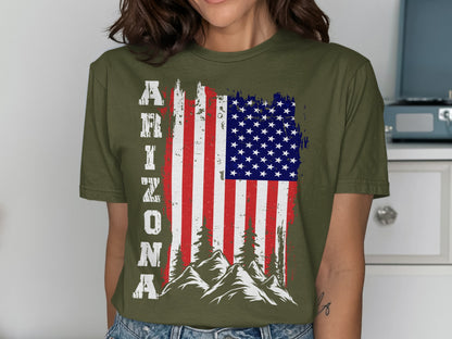 Olive green t-shirt with distressed American flag, mountains, and "ARIZONA" text.