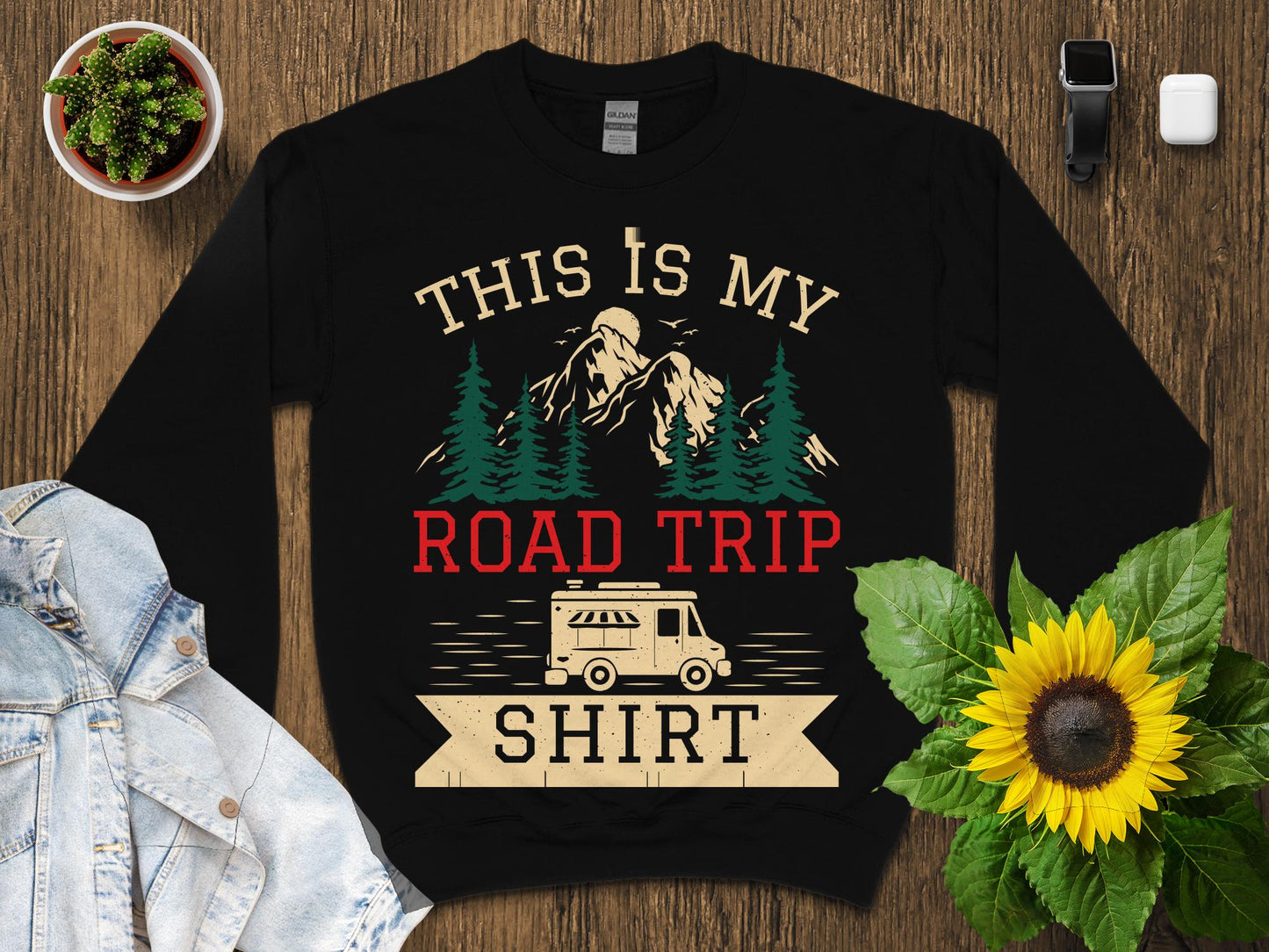 Black t-shirt with "This is My Road Trip Shirt" and camping graphic.