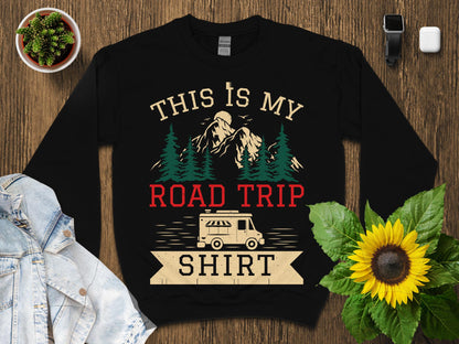Black t-shirt with "This is My Road Trip Shirt" and camping graphic.