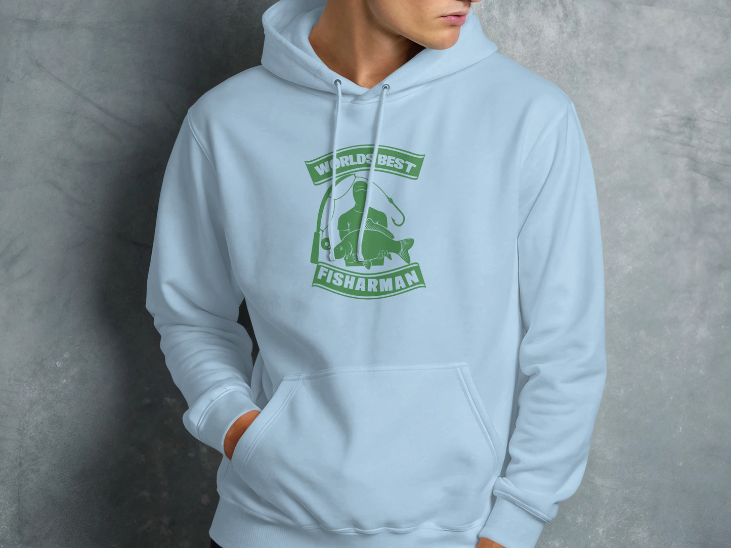 Light blue hoodie with "World's Best Fisherman" graphic featuring a fishing rod and fish.
