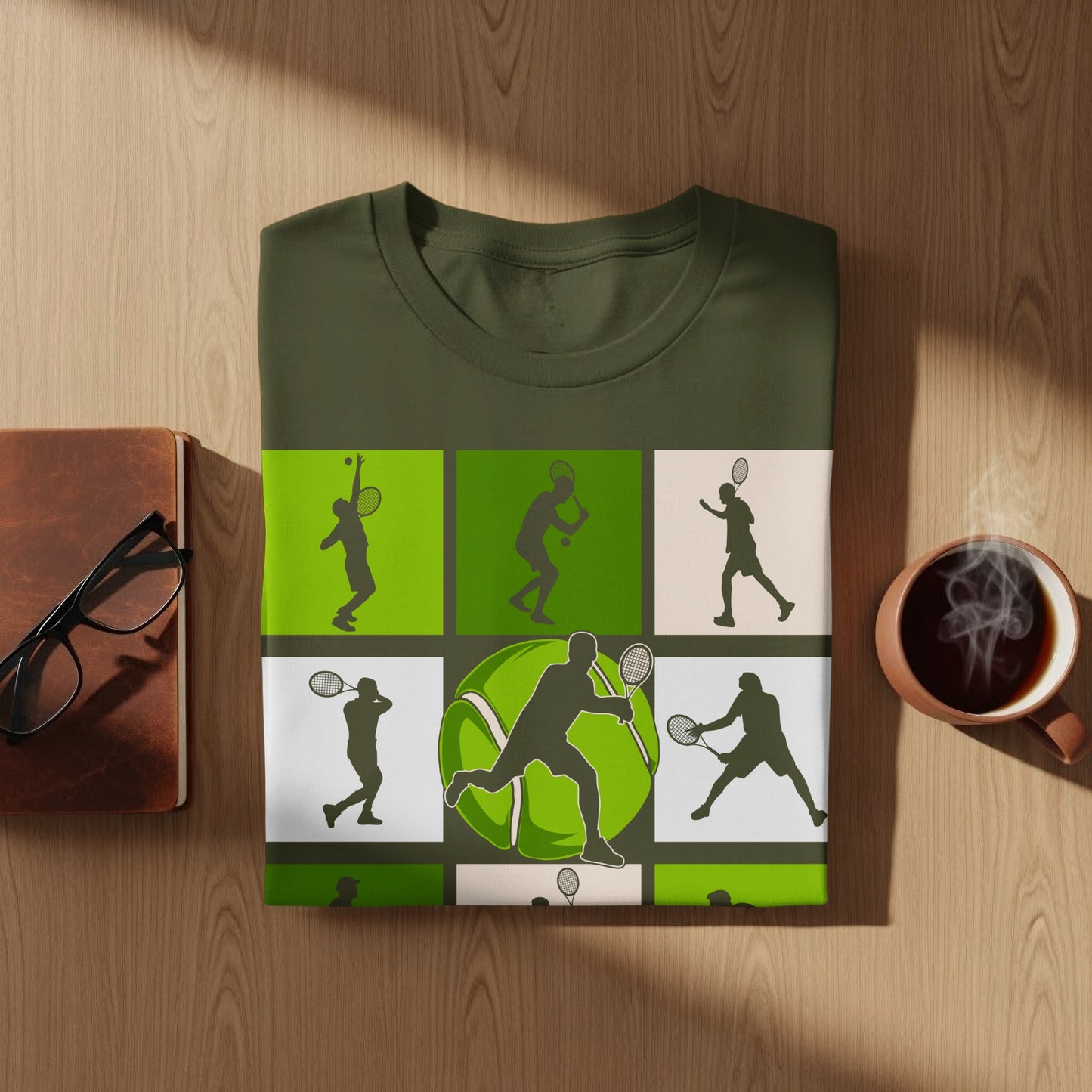 Olive green t-shirt with repeating tennis player silhouettes and a large tennis ball graphic.