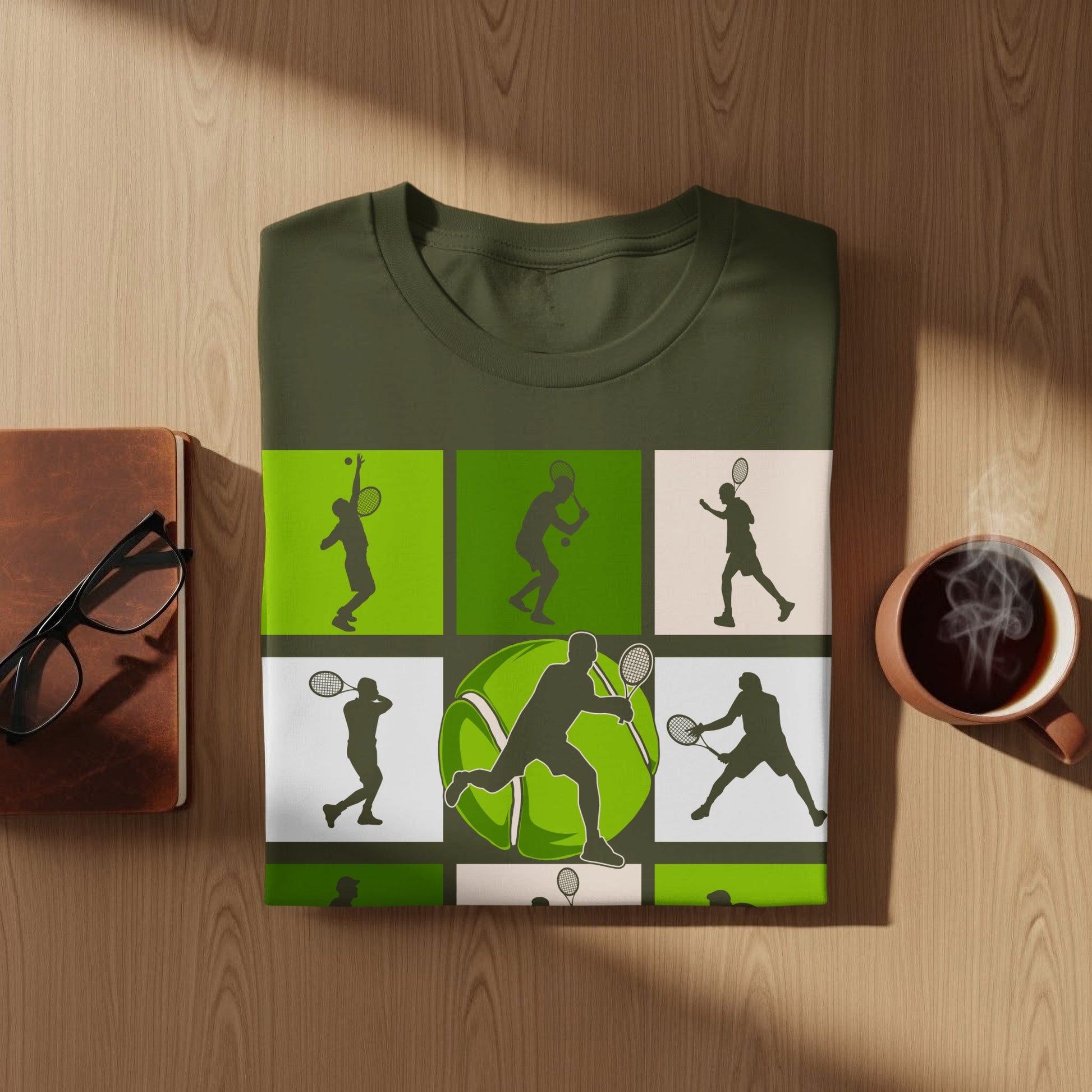 Olive green t-shirt with repeating tennis player silhouettes and a large tennis ball graphic.