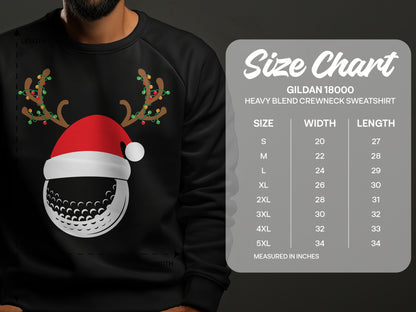 Gildan 18000 sweatshirt size chart with festive golf ball and reindeer antlers.