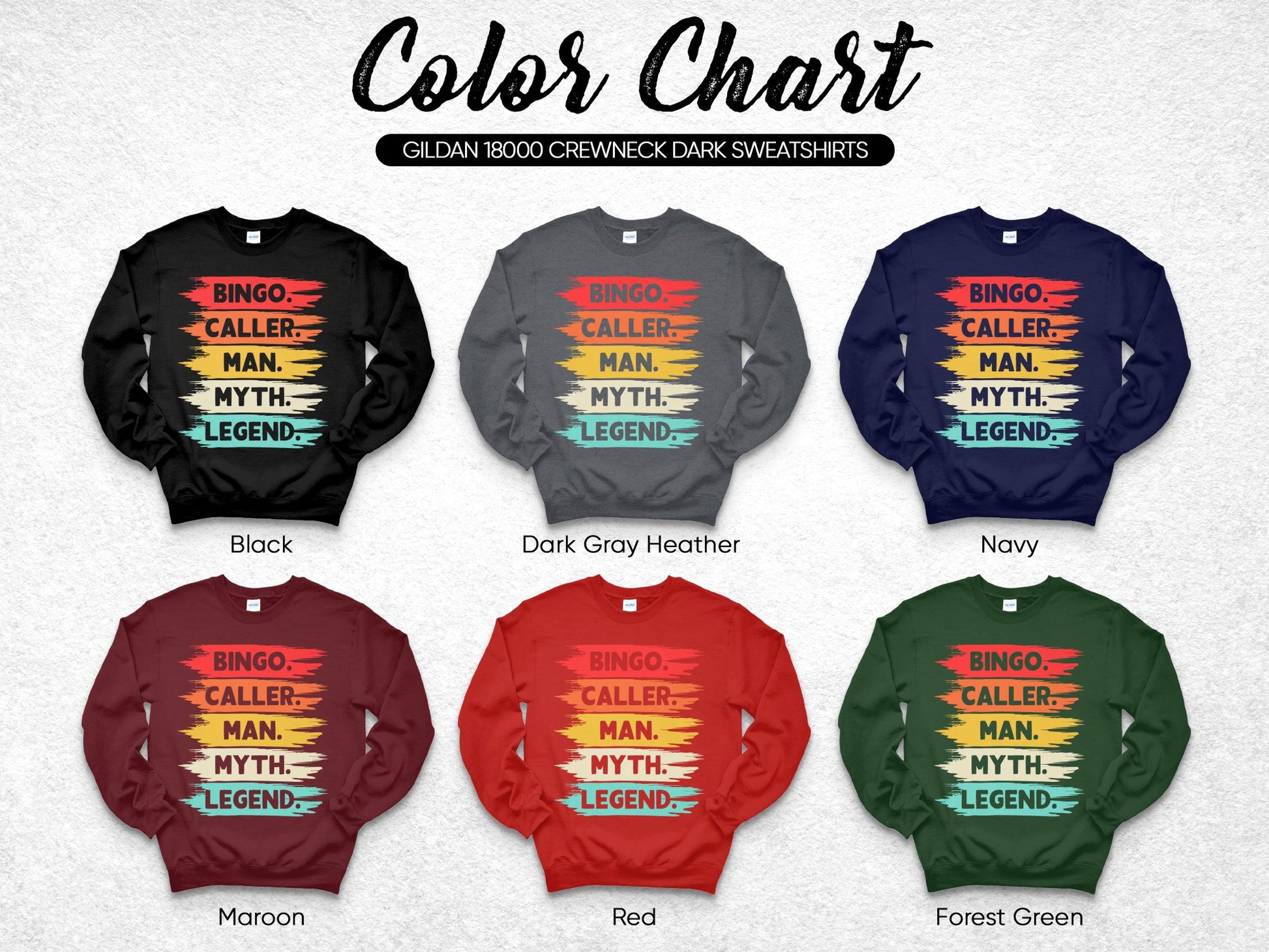 Gildan 18000 sweatshirt color chart with Bingo Caller design in six colors.