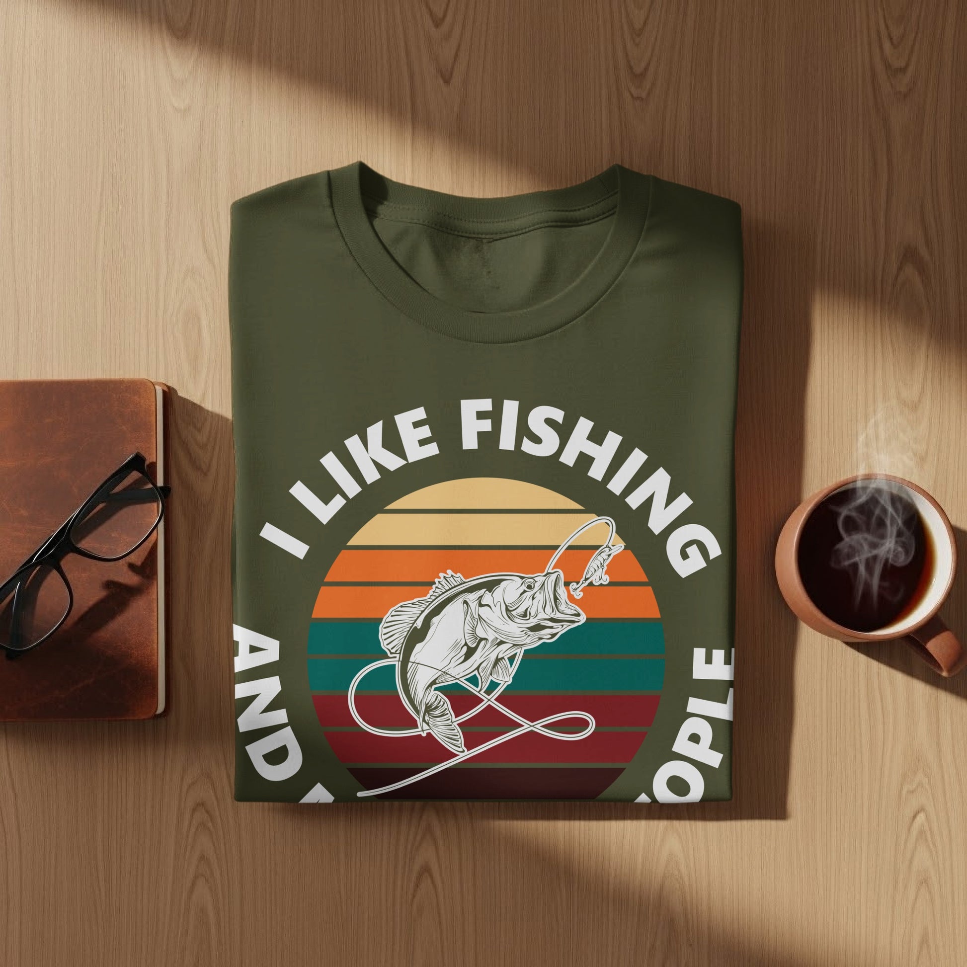 Olive green t-shirt with "I Like Fishing and People" text and a leaping fish graphic.