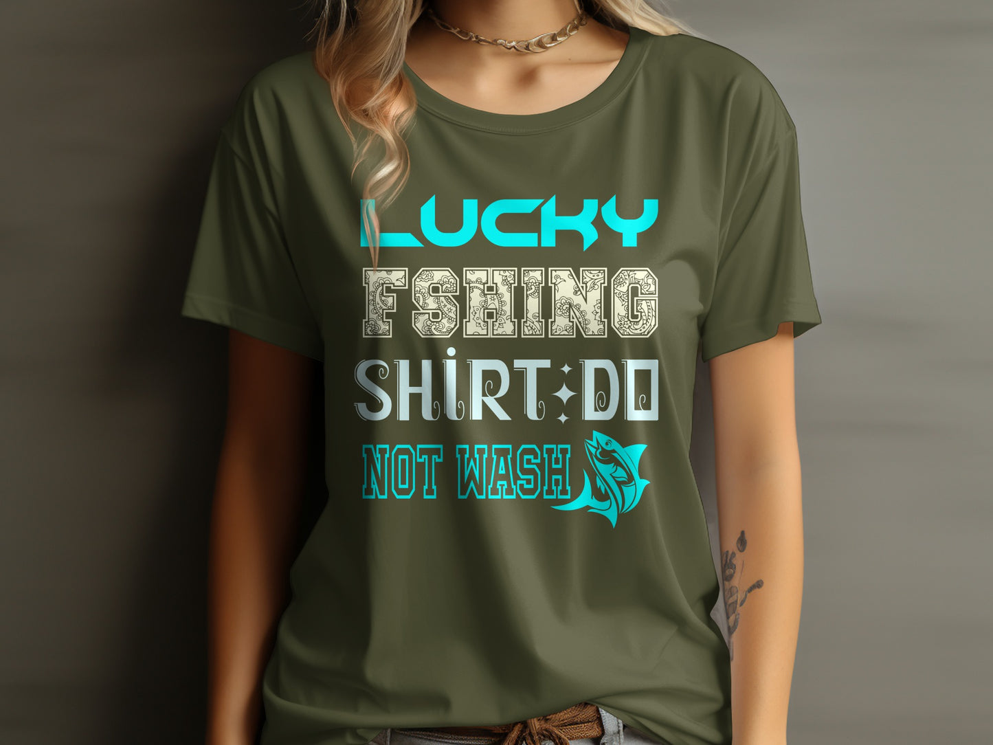 Olive green t-shirt with "Lucky Fishing Shirt" text and a fish logo.