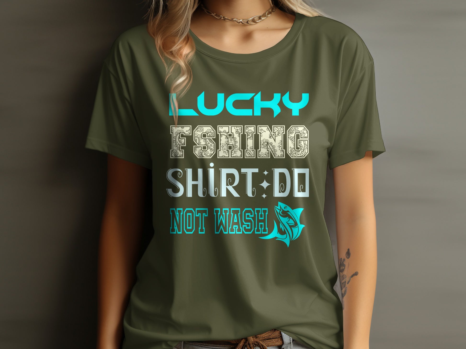Olive green t-shirt with "Lucky Fishing Shirt" text and a fish logo.
