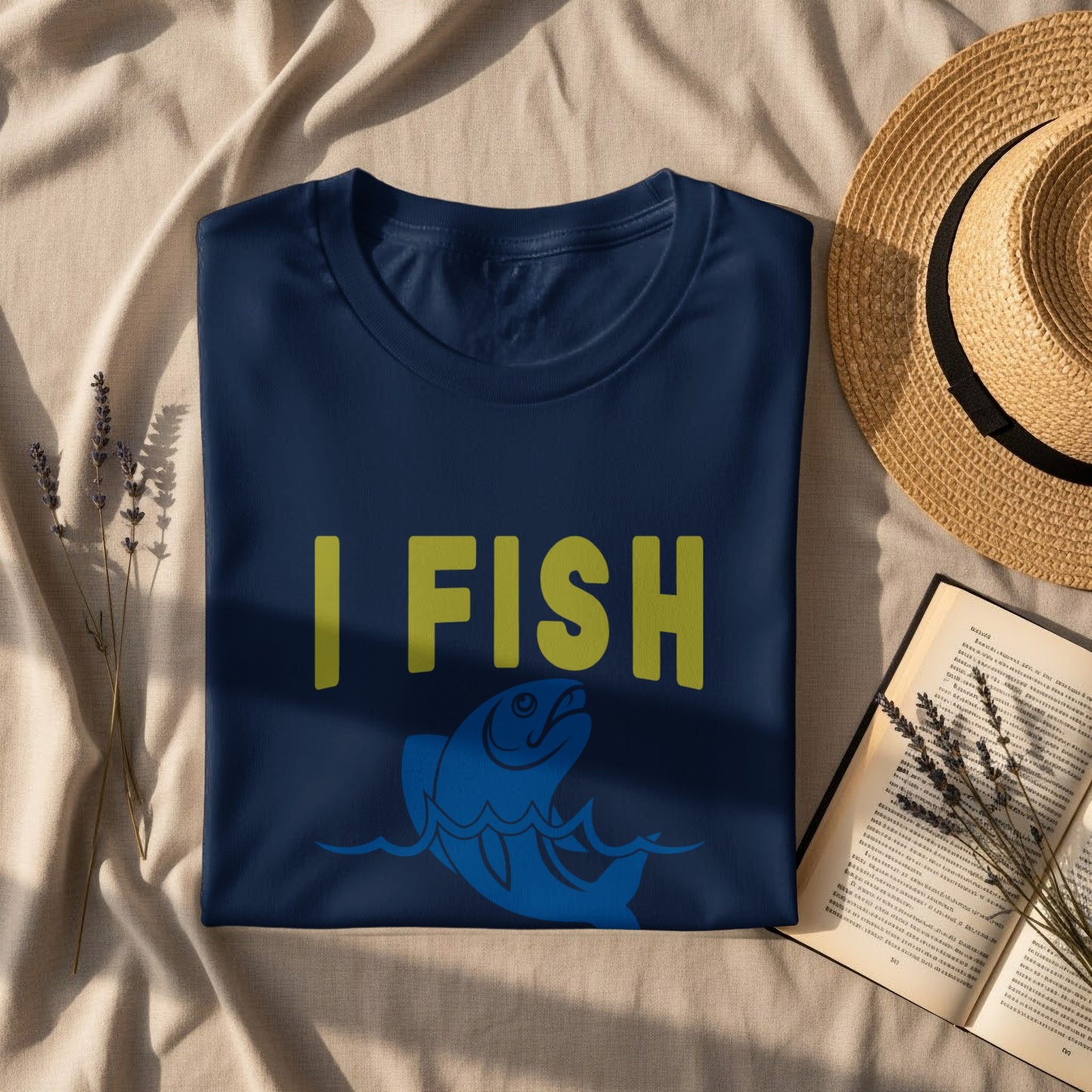Navy t-shirt with "I FISH" text and a jumping fish graphic.