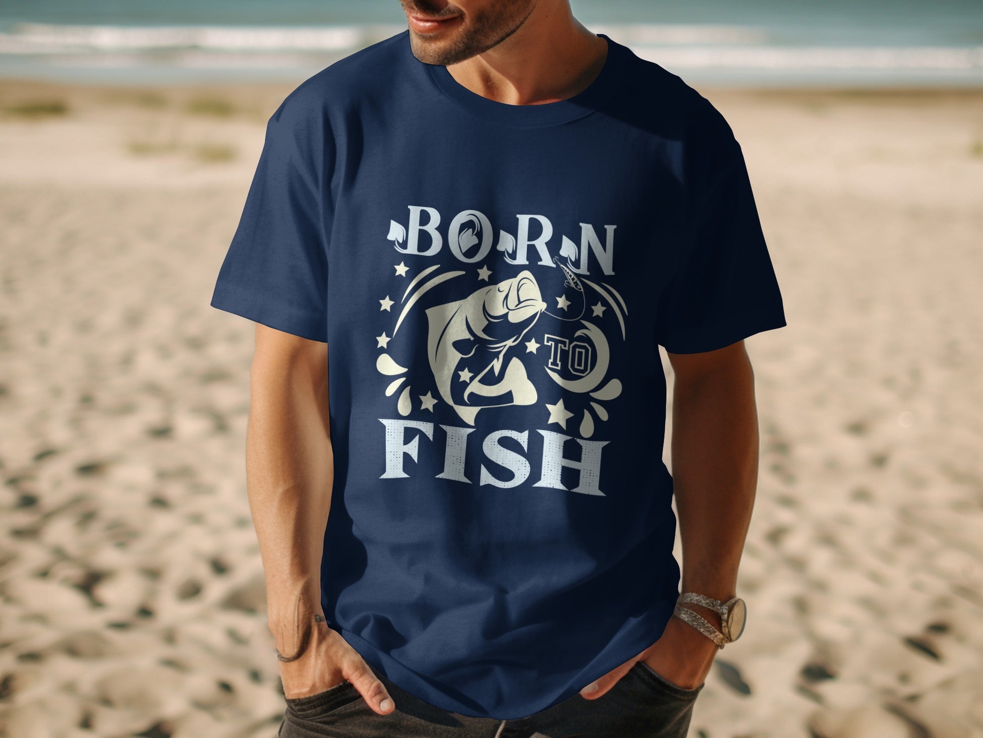 Dark blue t-shirt with "Born to Fish" text and a fish graphic.