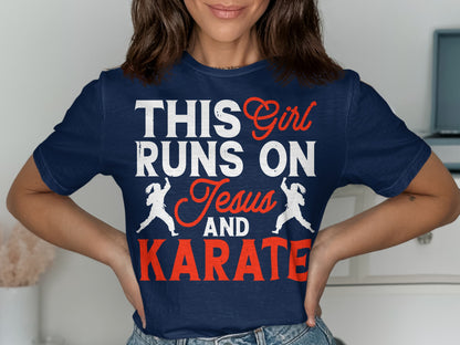 Navy t-shirt with "THIS Girl RUNS ON Jesus AND KARATE" text and karate silhouettes.