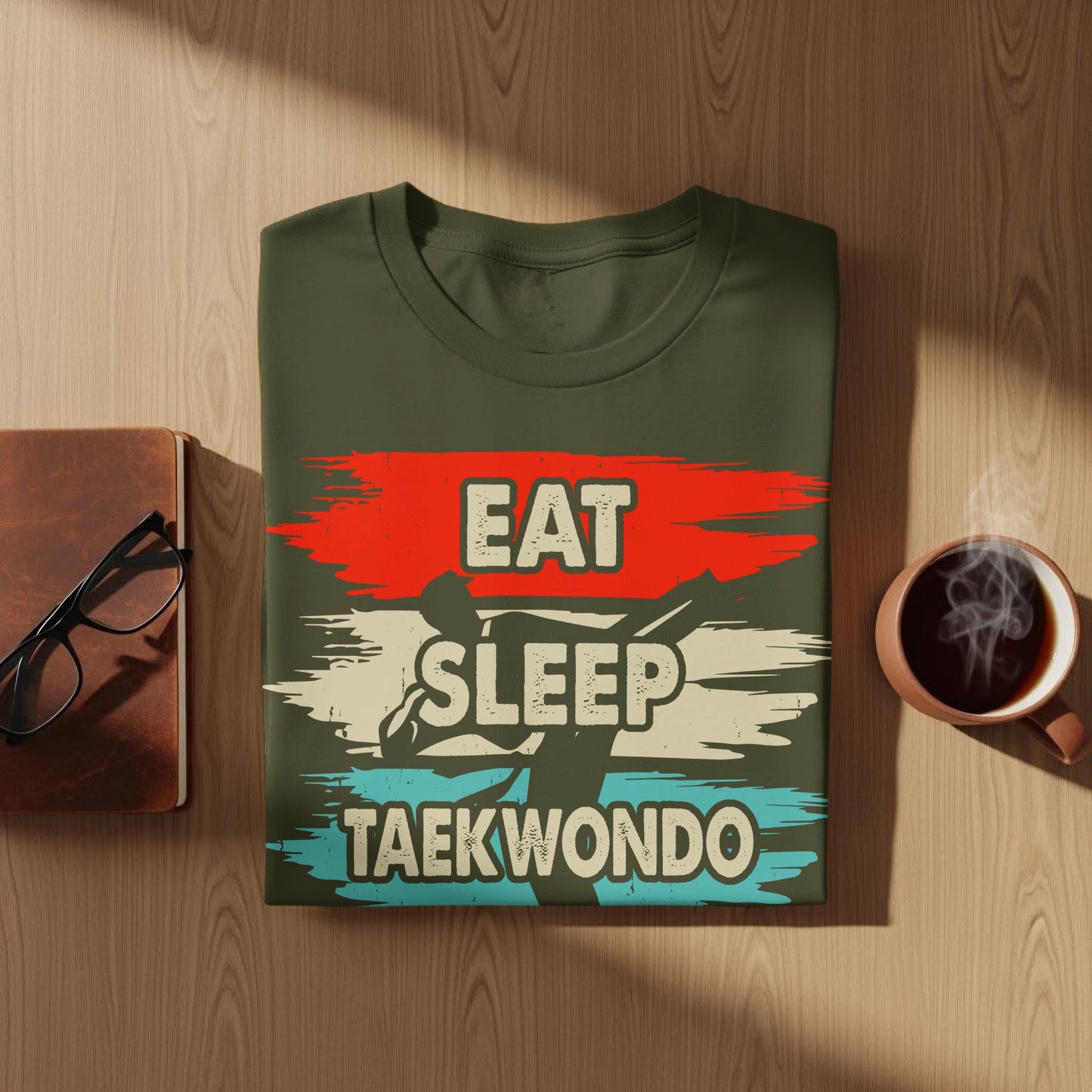 Olive green t-shirt with "EAT SLEEP TAEKWONDO" text and graphic.