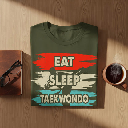 Olive green t-shirt with "EAT SLEEP TAEKWONDO" text and graphic.