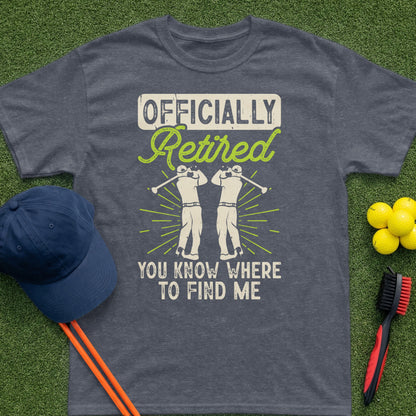 Dark t-shirt with "Officially Retired" and golf graphic.