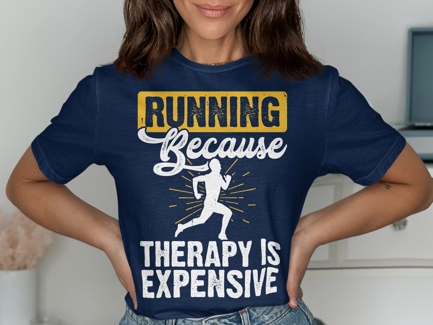 Navy t-shirt with "Running Because Therapy is Expensive" text and runner graphic.
