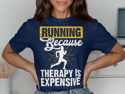 Navy t-shirt with "Running Because Therapy is Expensive" text and runner graphic.