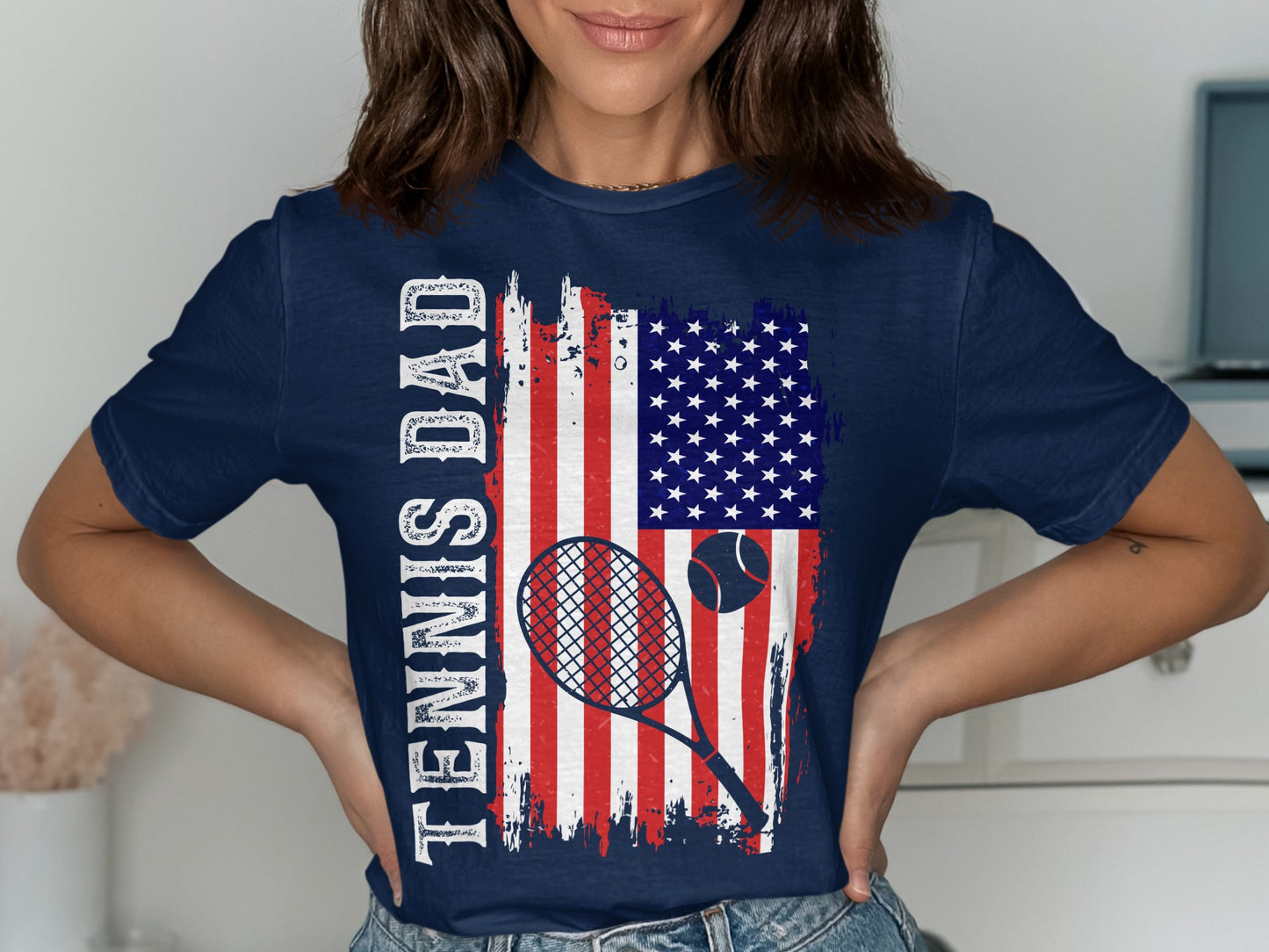 Navy t-shirt with American flag, tennis racket, tennis ball, and "Tennis Dad" text.