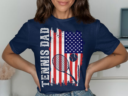 Navy t-shirt with American flag, tennis racket, tennis ball, and "Tennis Dad" text.