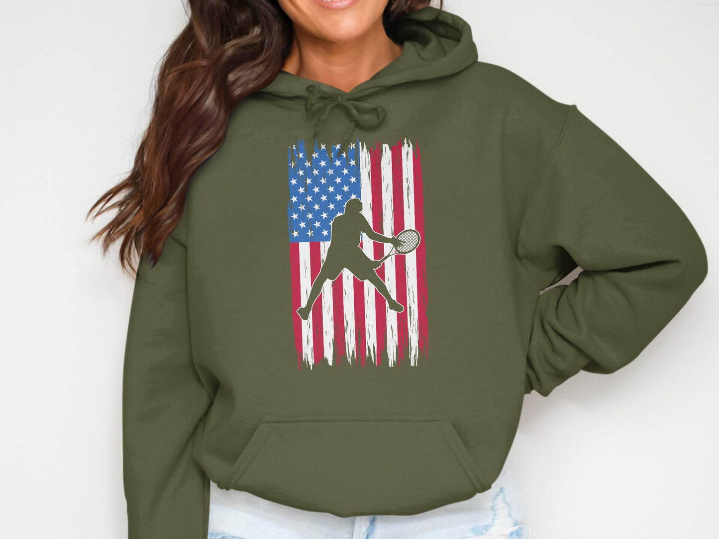 Green hoodie with distressed American flag and tennis player silhouette.