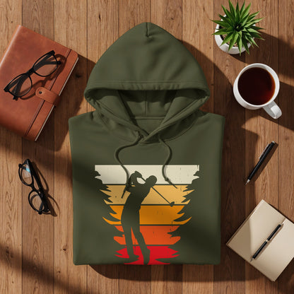 Olive green hoodie with vintage golfer silhouette graphic and sunset stripes.
