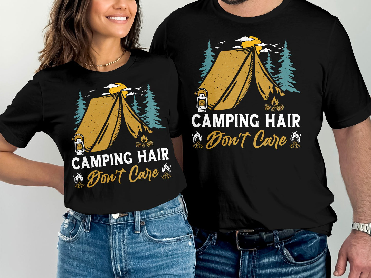Black t-shirt with "Camping Hair Don't Care" and tent graphic.