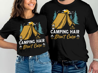 Black t-shirt with "Camping Hair Don't Care" and tent graphic.