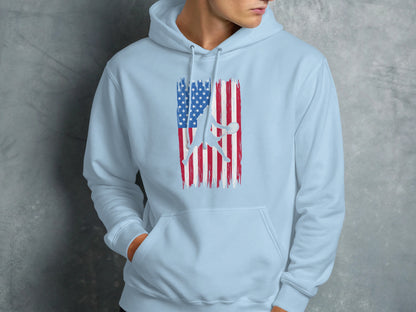 Light blue hoodie with American flag basketball player graphic.