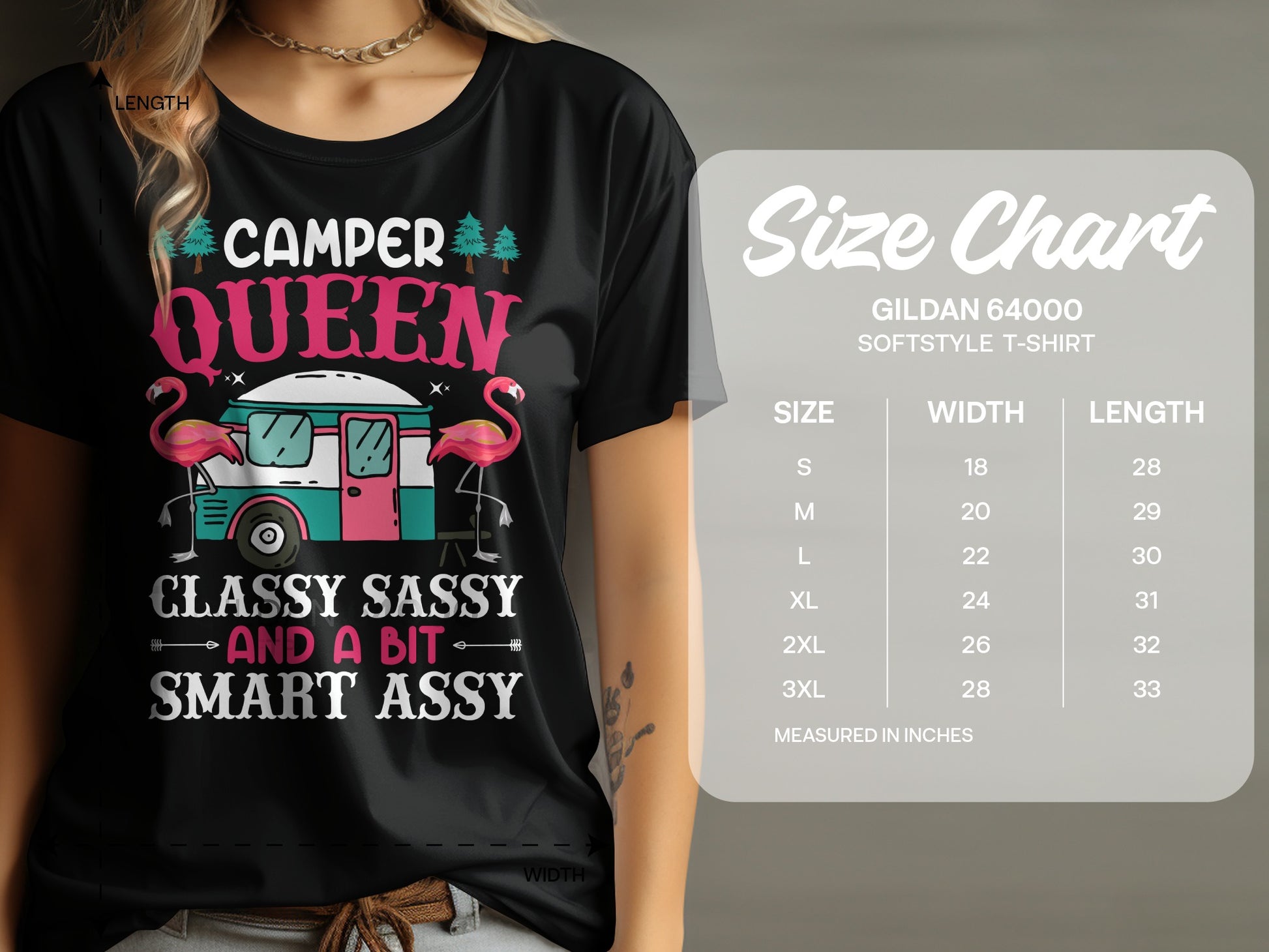 Black t-shirt with "Camper Queen Classy Sassy and a bit Smart Assy" graphic and size chart.