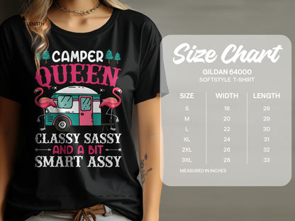 Black t-shirt with "Camper Queen Classy Sassy and a bit Smart Assy" graphic and size chart.