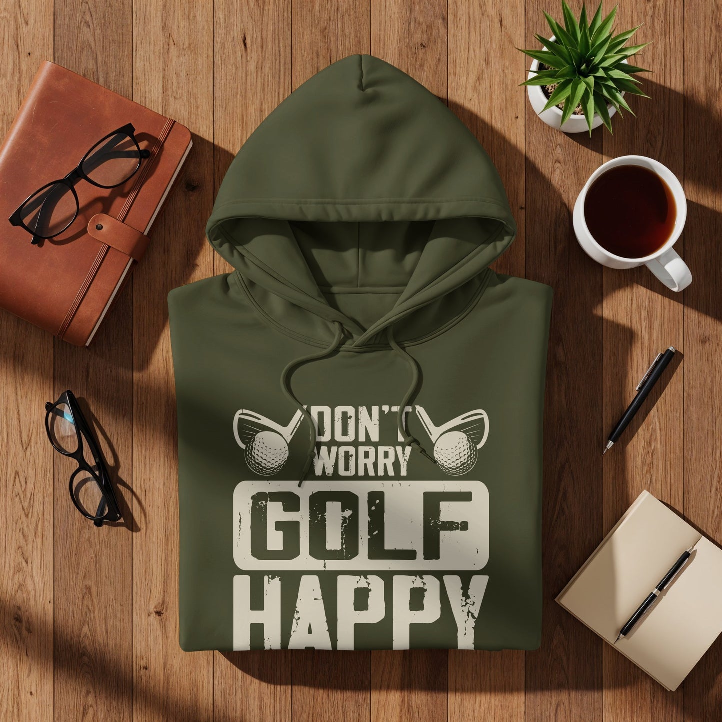 Olive green hoodie with "Don't Worry Golf Happy" text and golf clubs.