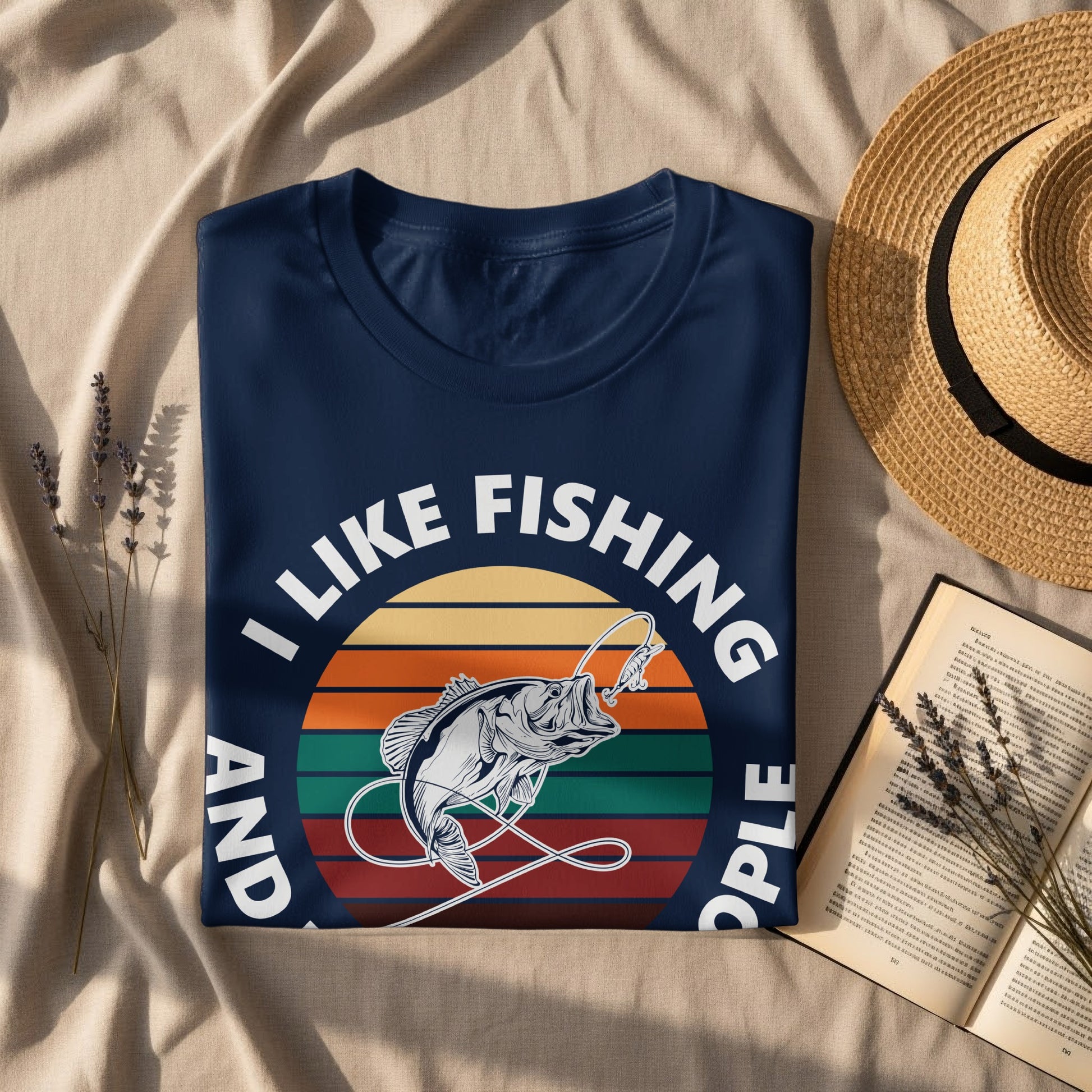 Dark blue t-shirt with "I Like Fishing And People" text and fishing graphic.