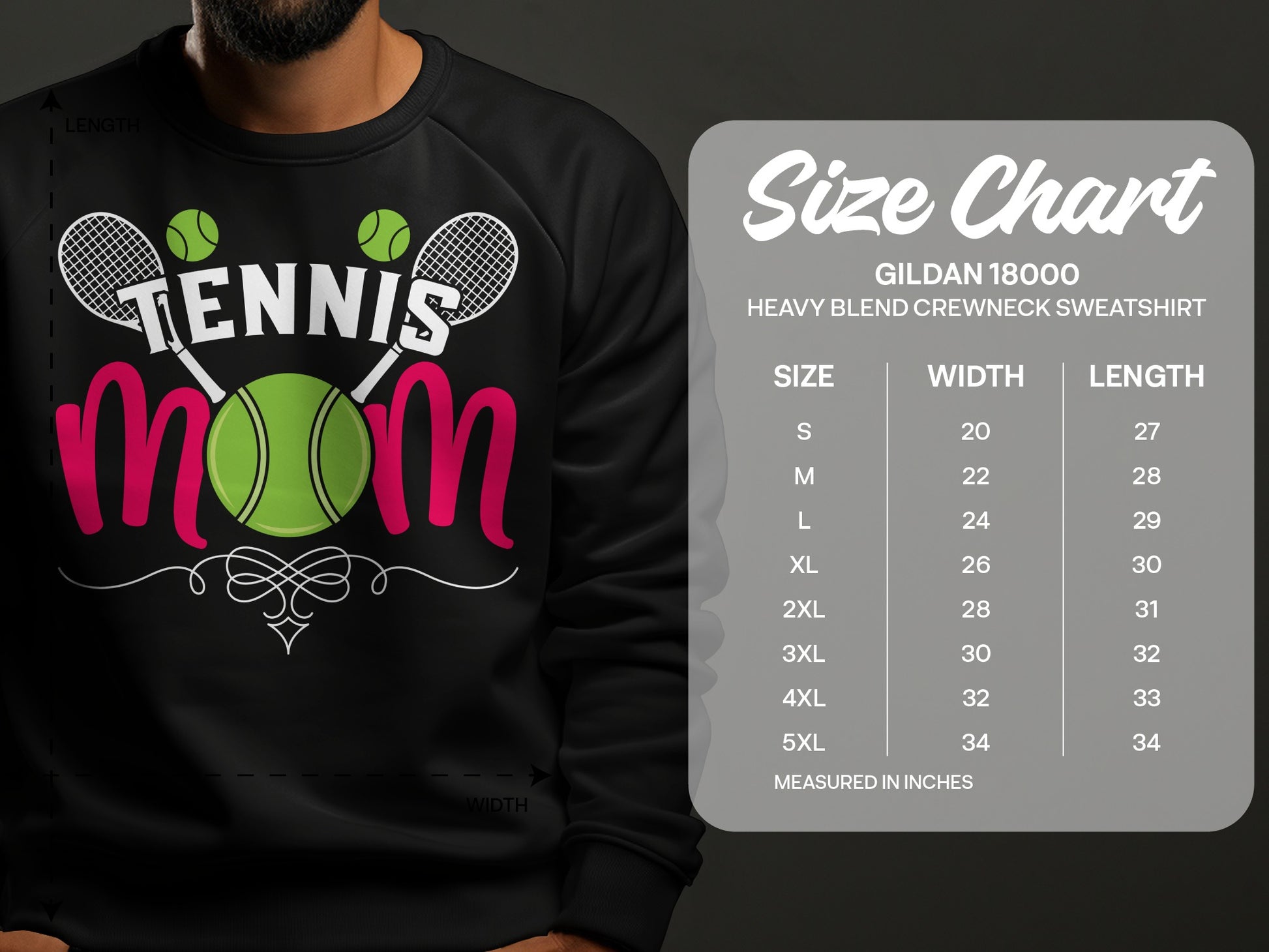 TENNIS mom graphic on crewneck sweatshirt with size chart.