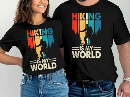 Two t-shirts with "Hiking is My World" and a vintage hiker silhouette design.
