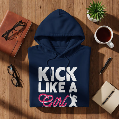 Navy hoodie with "Kick Like A Girl" text and graphic on chest.