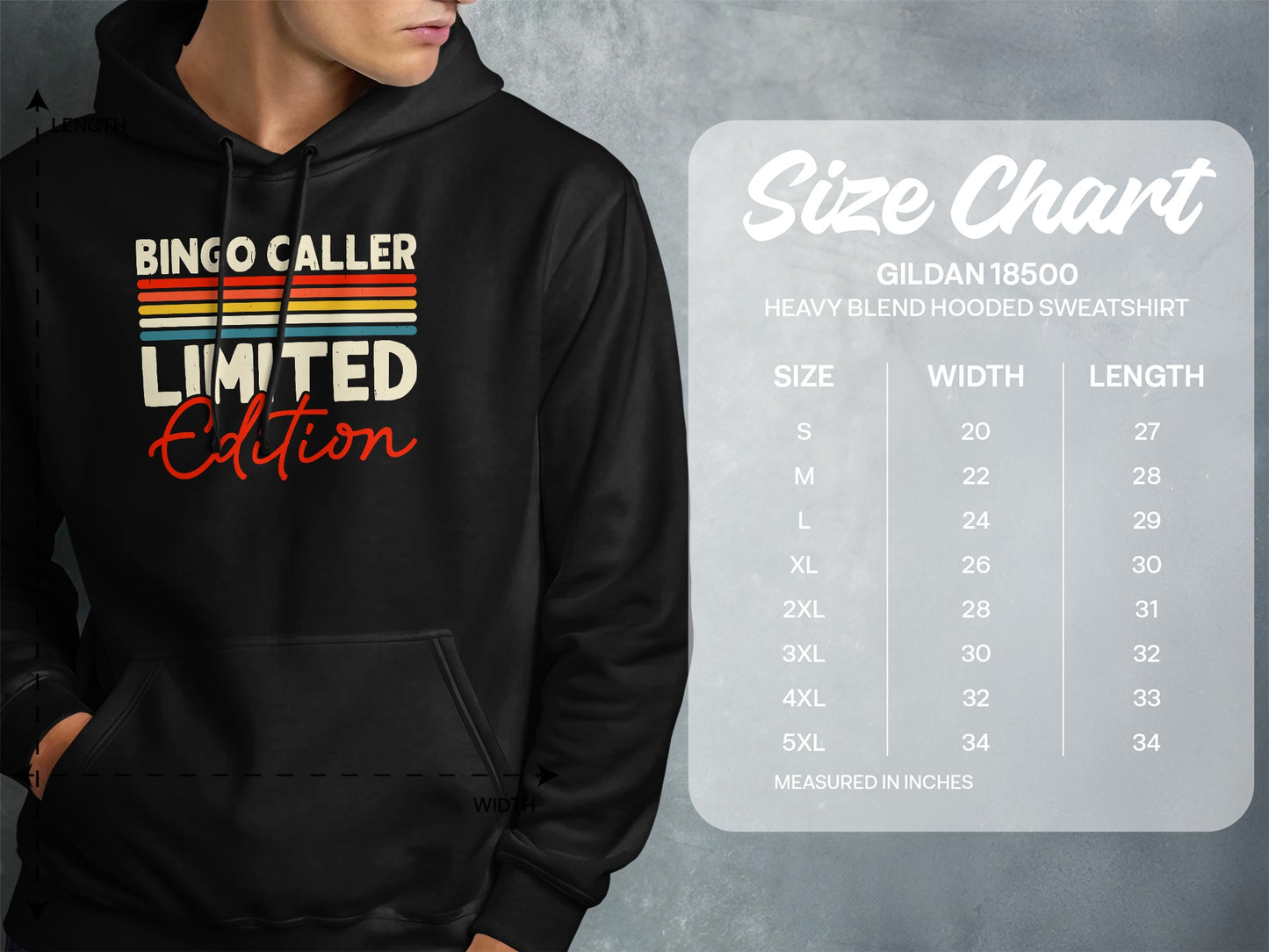 Hoodie with "Bingo Caller Limited Edition" text, showing a size chart.